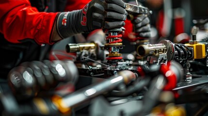 Engineer Tuning Race Car Suspension System with Detailed Components and Technical Equipment