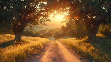 A romantic sunset drive, the road flanked by ancient oak trees, the golden light of the setting sun creating a warm and inviting glow, the sky painted in shades of orange and pink, natural look,