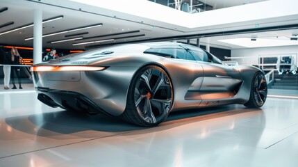 Futuristic High-Tech Electric Concept Car with Innovative Design in a Modern Showroom