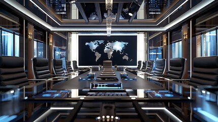 An elegant conference room with a large table, high-tech projection equipment, and business charts displayed on a screen.