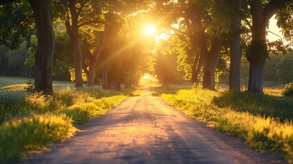 Obraz premium A serene drive at golden hour, with trees lining the path, the sunlight casting dappled patterns on the road, the warm hues creating a peaceful and enchanting atmosphere, natural look, hd quality.