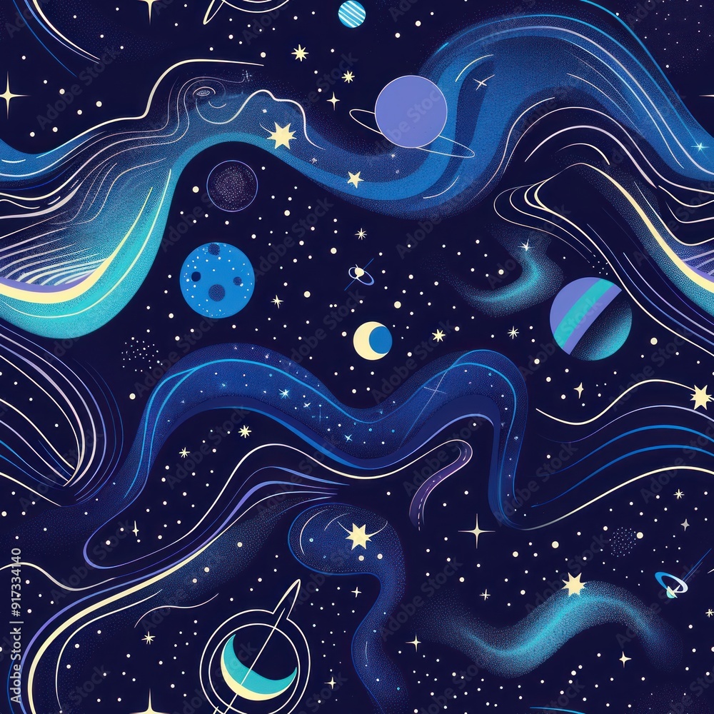 Wall mural abstract seamless pattern of night sky with stars and planets.