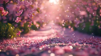 A serene drive through a cherry blossom avenue, petals floating lazily to the ground, the midday sun illuminating the vibrant colors of the blossoms, natural look, hd quality. --ar 16:9 --v 6.
