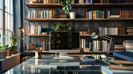 Fototapeta premium An elegant workspace with a glass desk, high-end computer setup, and a modern bookshelf filled with business literature.