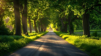Fototapeta premium A serene drive through a summer landscape, the path lined with trees in vibrant green, dappled sunlight creating a cheerful and inviting scene, natural look, hd quality. --ar 16:9 --v 6.