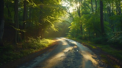Fototapeta premium A serene drive through a sun-dappled forest, the light streaming through the leaves creating a beautiful play of light and shadow on the road, the soft glow enhancing the tranquil and inviting scene,