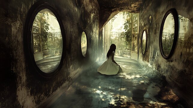 A Solitary Figure in an Eerie, Mirrored Corridor