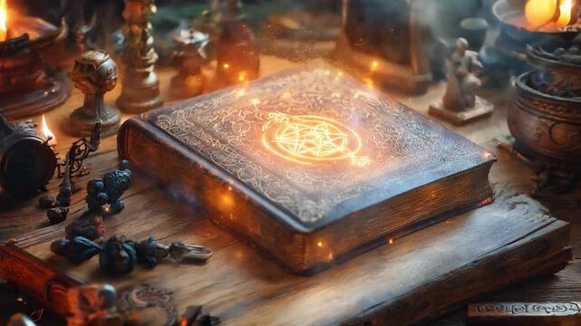 Grimoire casting magical light surrounded by esoteric objects and candles