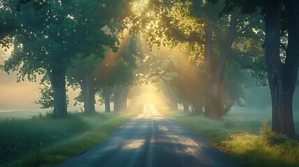 Obraz premium A serene misty morning drive, the road flanked by trees dripping with dew, the fog creating an otherworldly ambiance, the soft light of the rising sun gently illuminating the scene, natural look,