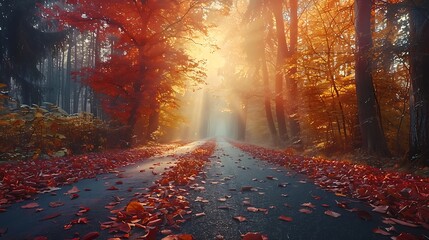 Fototapeta premium A serene drive through an autumn forest, vibrant red, orange, and yellow leaves carpeting the ground, mist rising in the early morning light, creating a magical and tranquil scene, natural look,