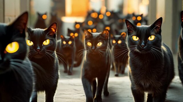 Black cat leading a pack of black cats with glowing eyes