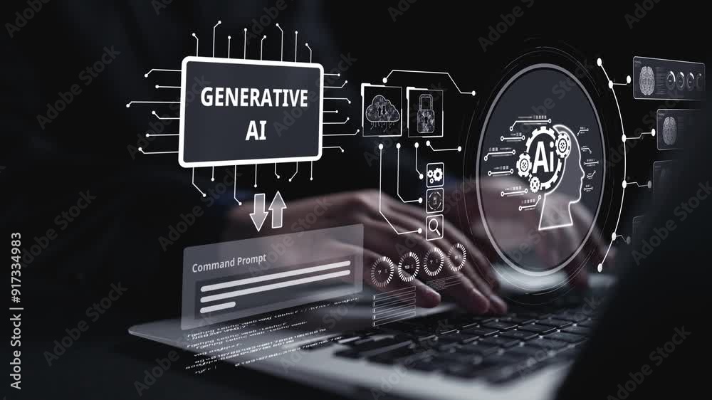 Poster human interact with ai artificial intelligence brain processor in concept of ai artificial intellige
