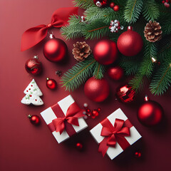 Red Christmas Tree Balls, Pinecone, White Gift Boxes