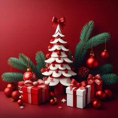 Obraz premium Red Christmas Tree Balls, White Christmas Tree on Isolated Red Background