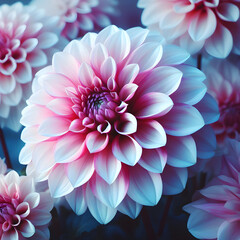 Obraz premium Pink Dahlia Flowers in Nature Close-Up on a Blue Background