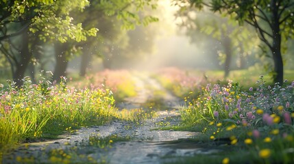 A tranquil countryside drive, the road lined with rustic trees and vibrant wildflowers, the gentle light of early morning creating a peaceful and inviting scene, natural look, hd quality.
