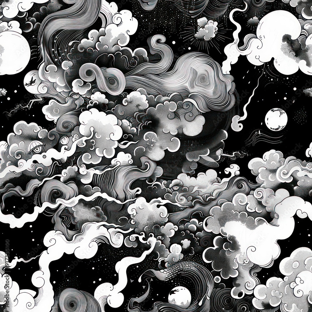 Canvas Prints abstract swirl cloud pattern black and white.