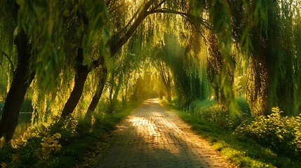 Naklejka premium A tranquil drive beneath the graceful branches of weeping willows, their leaves rustling softly, the path illuminated by the warm light of the setting sun, creating a peaceful and magical atmosphere,