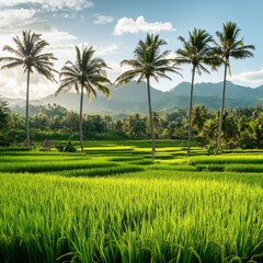 Fototapeta premium Lush Green Rice Fields and Towering Palms on the Serene Island of Lombok, Indonesia, with a Tranquil Mountain Range in the Background.