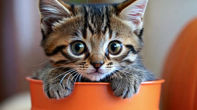 Cute tabby kitten sitting inside halloween pumpkin bucket