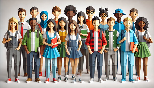 Back to School: Diverse Group of Students in Casual and School Uniforms, Origami Style
