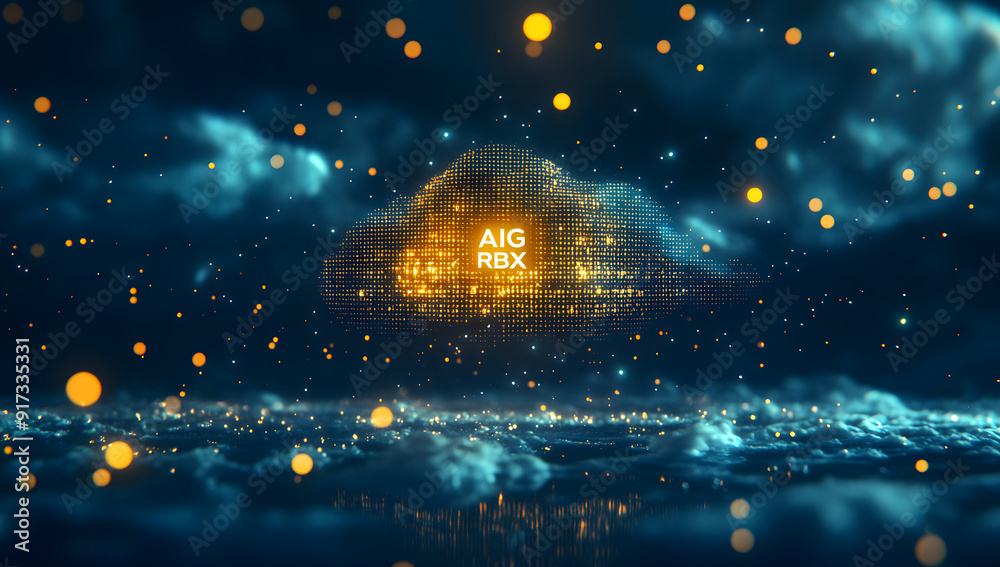 Fototapete yellow 3d digital cloud with glowing binary code digits, ai in cloud computing infrastructure, data 