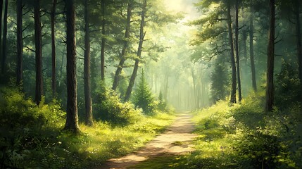 Fototapeta premium Sunlit Path Winding Through a Lush Green Forest