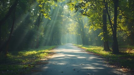 Fototapeta premium A tranquil drive through a forest with sunlight streaming through the leaves, the soft light creating dappled patterns on the road, enhancing the magical and serene scene, natural look, hd quality.