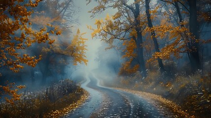 A tranquil drive shrouded in morning mist, with dew-kissed leaves glistening in the soft light, the path winding through a landscape of fog-covered trees, the early light adding a touch of magic,