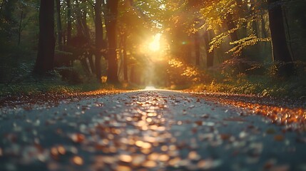 A tranquil drive through a forest with sunlight streaming through the leaves, the soft light creating dappled patterns on the road, enhancing the magical and serene scene, natural look, hd quality.