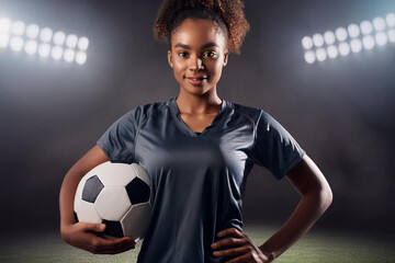 Confident Young Black Female Soccer Player Holding Ball at the stadium at night