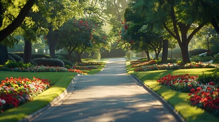 Obraz premium A tranquil drive through a manicured garden, the road flanked by colorful flowers and ornamental trees, the soft light of early evening creating a serene and inviting atmosphere, natural look,