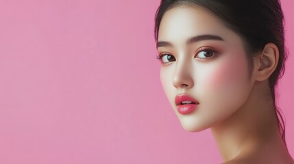 Fototapeta premium A woman showcases her elegance with a naturally radiant look and soft makeup