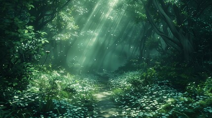 Obraz premium An enchanted forest path, with rays of light piercing the dense canopy, casting ethereal and magical patterns on the ground, natural look, hd quality. --ar 16:9 --v 6.0 --s 250 --style raw