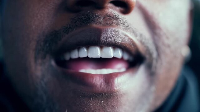 A closeup of a protesters mouth passionately reciting a poem that gives a powerful voice to the voiceless.
