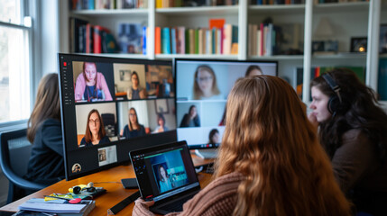 Virtual Collaboration: Students collaborating virtually via video calls with space for remote learning tips