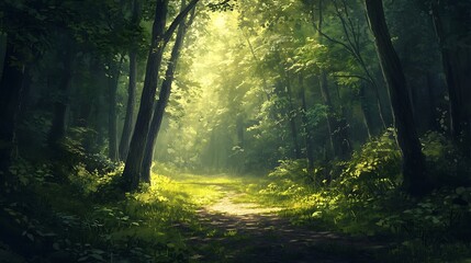Fototapeta premium Sunlit Path Through a Lush Green Forest