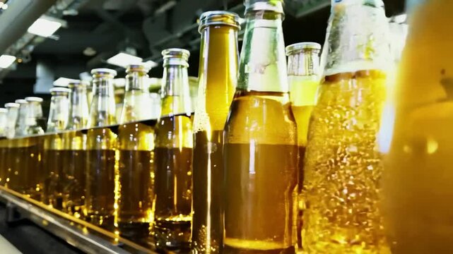 Bottling process of sparkling beverage at a factory in the late afternoon