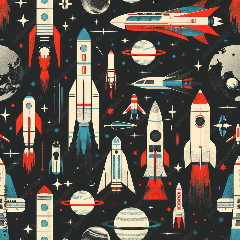Wall mural retro space rocket pattern.
