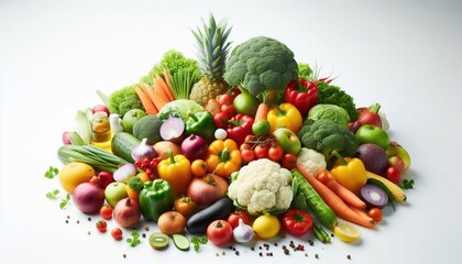 Colorful, fresh fruits and vegetables arranged on a white background.