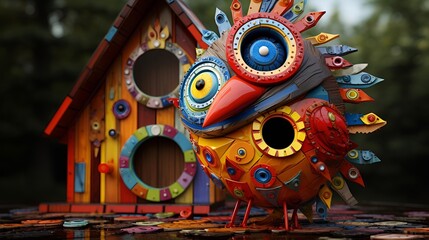 A bright and cheerful birdhouse featuring a colorful bird resting on it.