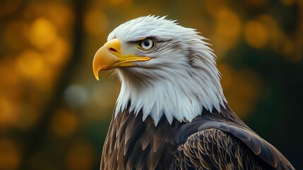 Obraz premium A close-up of a bald eagle's head and neck. The eagle's feathers are white and brown, and its eyes are sharp. The background is blurred, and the eagle is looking to the left.