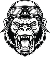Aggressive gorilla wearing sky diver or pilot cap in Head vector  vector illustration silhouette monochrome style