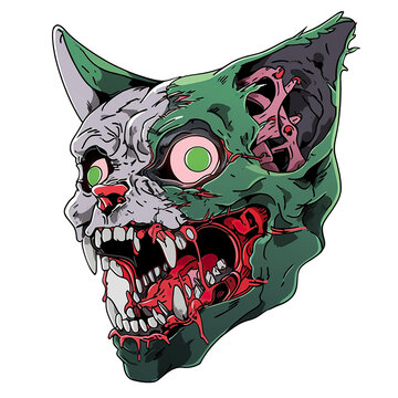 recommend clip art: A cat's head is drawn with a green eye and red blood