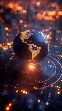 Video of futuristic digital globe with glowing connections, global networking, technology, communication, set against dark background with bokeh light effects, connectivity and globalization