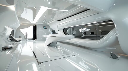 An innovative workspace with futuristic design, advanced technology, and a minimalist desk arrangement.