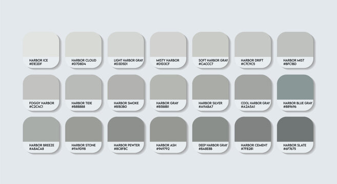 Harbor Gray Color Palette, Harbor Gray Color Guide Palette with Color Names. Catalog Samples of Harbor Gray colors with RGB HEX codes. cladding sheet ash colors, Fashion Trend Silver Color Palette