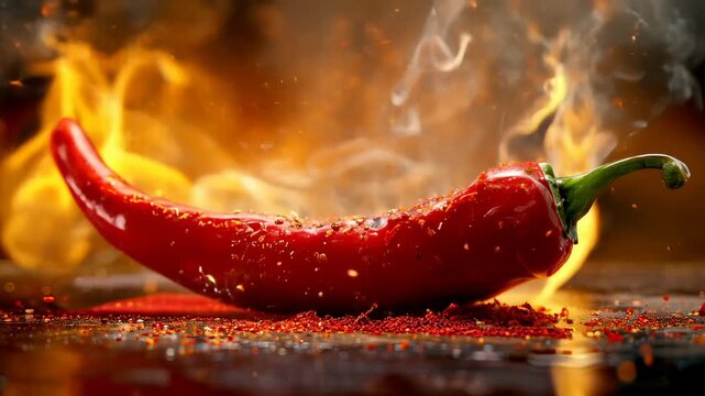 Red hot chili pepper on fire on dark background. Slow motion