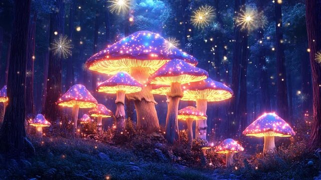 Glowing magic mushrooms growing in an enchanted forest at night