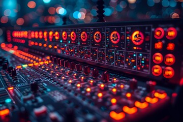  A close-up view of a mixing board featuring illuminated red lights.